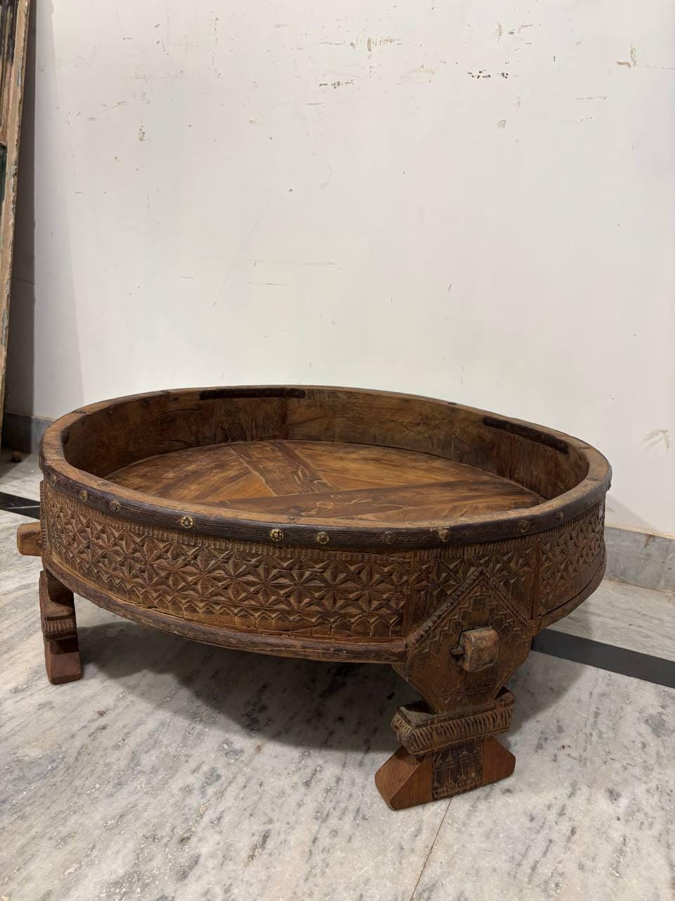 Handmade Indian Wooden Low Table: Bohemian Carved Chowki Bajot