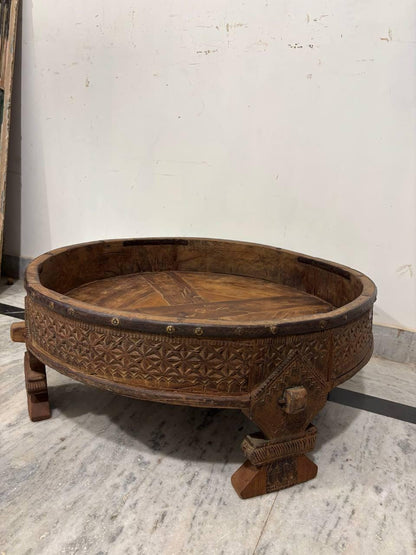 Handmade Indian Wooden Low Table: Bohemian Carved Chowki Bajot