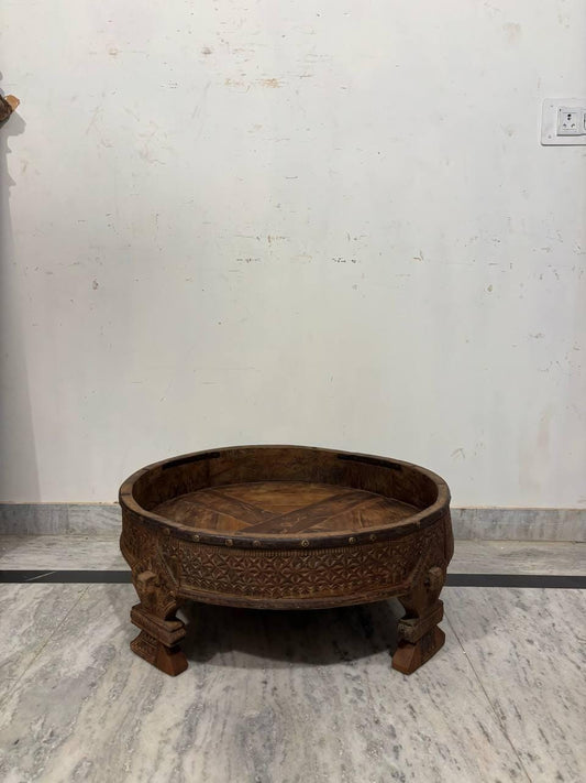 Handmade Indian Wooden Low Table: Bohemian Carved Chowki Bajot