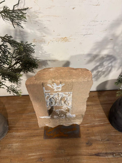 Antique Stone Alcove on Iron Stand: Carved Indian Aala Diya Holder