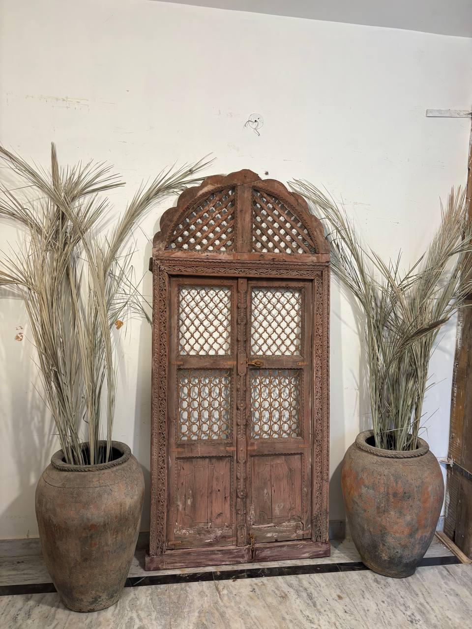 Antique Hand-Carved Jali Door Panel: Rustic Indian Teak Arch - 213x98cm