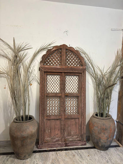Antique Hand-Carved Jali Door Panel: Rustic Indian Teak Arch - 213x98cm