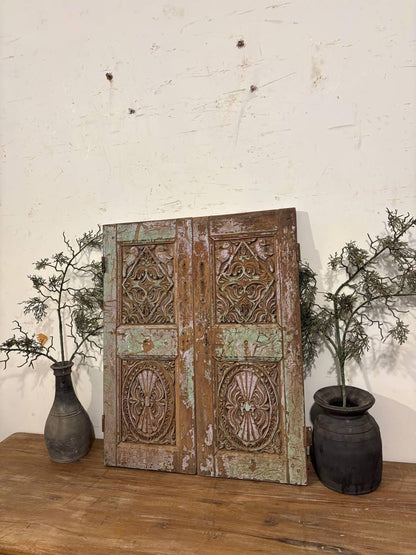 Antique Shekhawati Hand-Carved Window: Rustic Indian Wall Decor