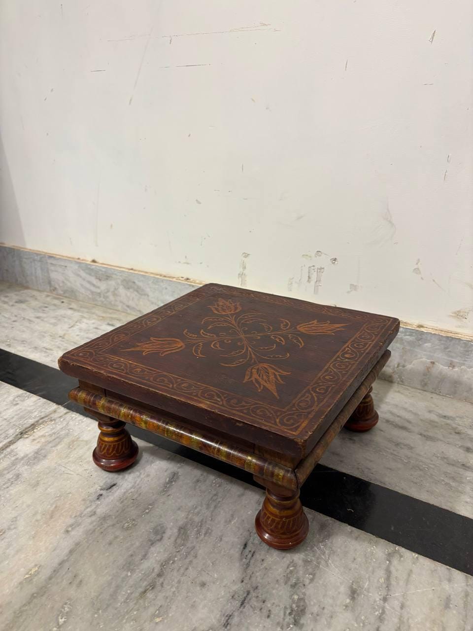 Handmade Indian Chowki Bajot: Painted Wood Low Table (15x30x30 cm)
