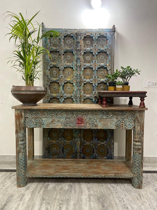 Rustic Carved Wood Console Table: Vintage Indian Hallway Decor