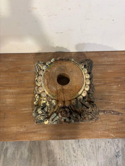 Antique Hand-Carved Wooden Column Base: French Colonial Garden Stool Candle Stands