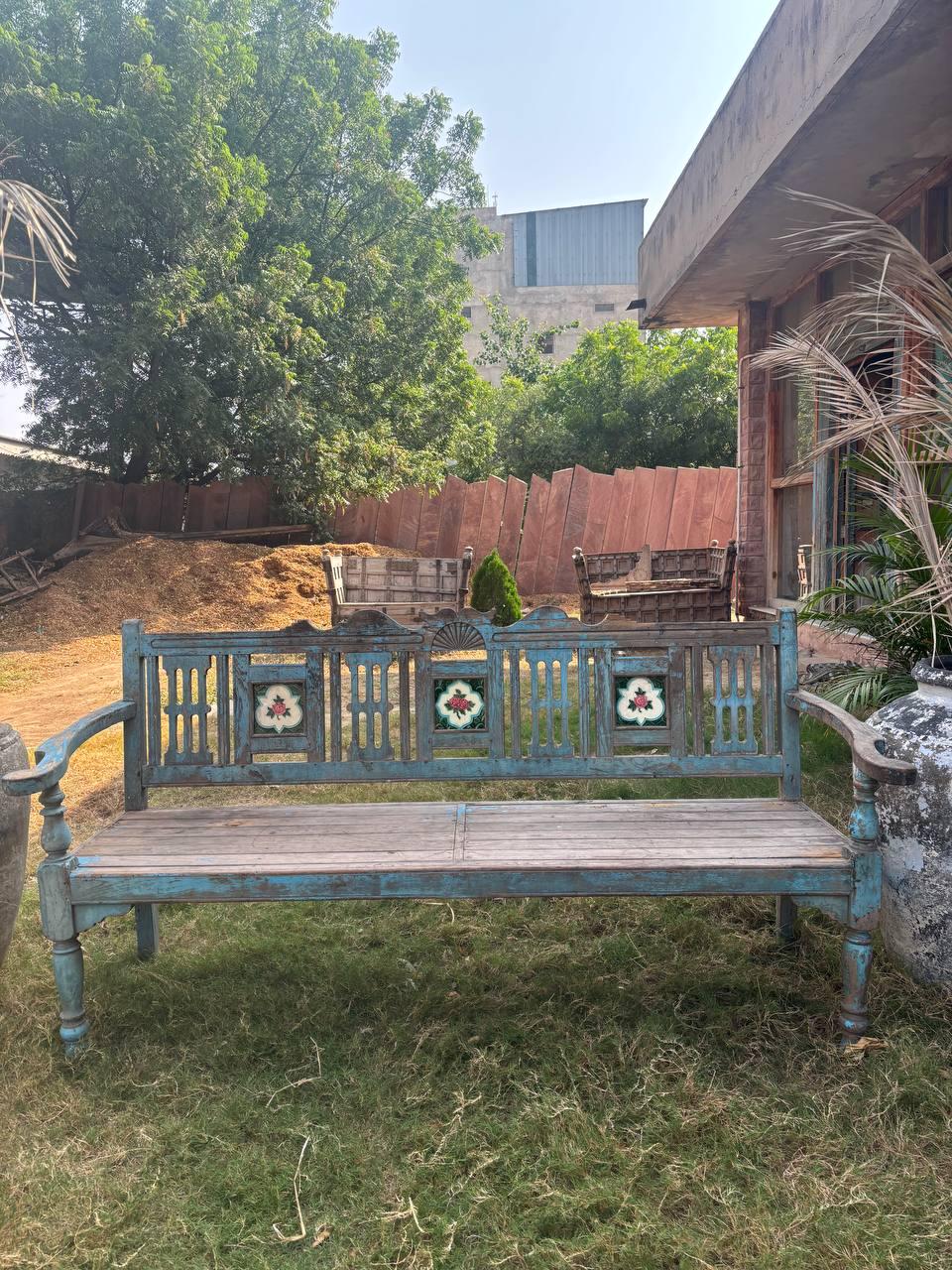 Vintage Hand-Carved Wooden Bench – Rustic Indian Garden Seating