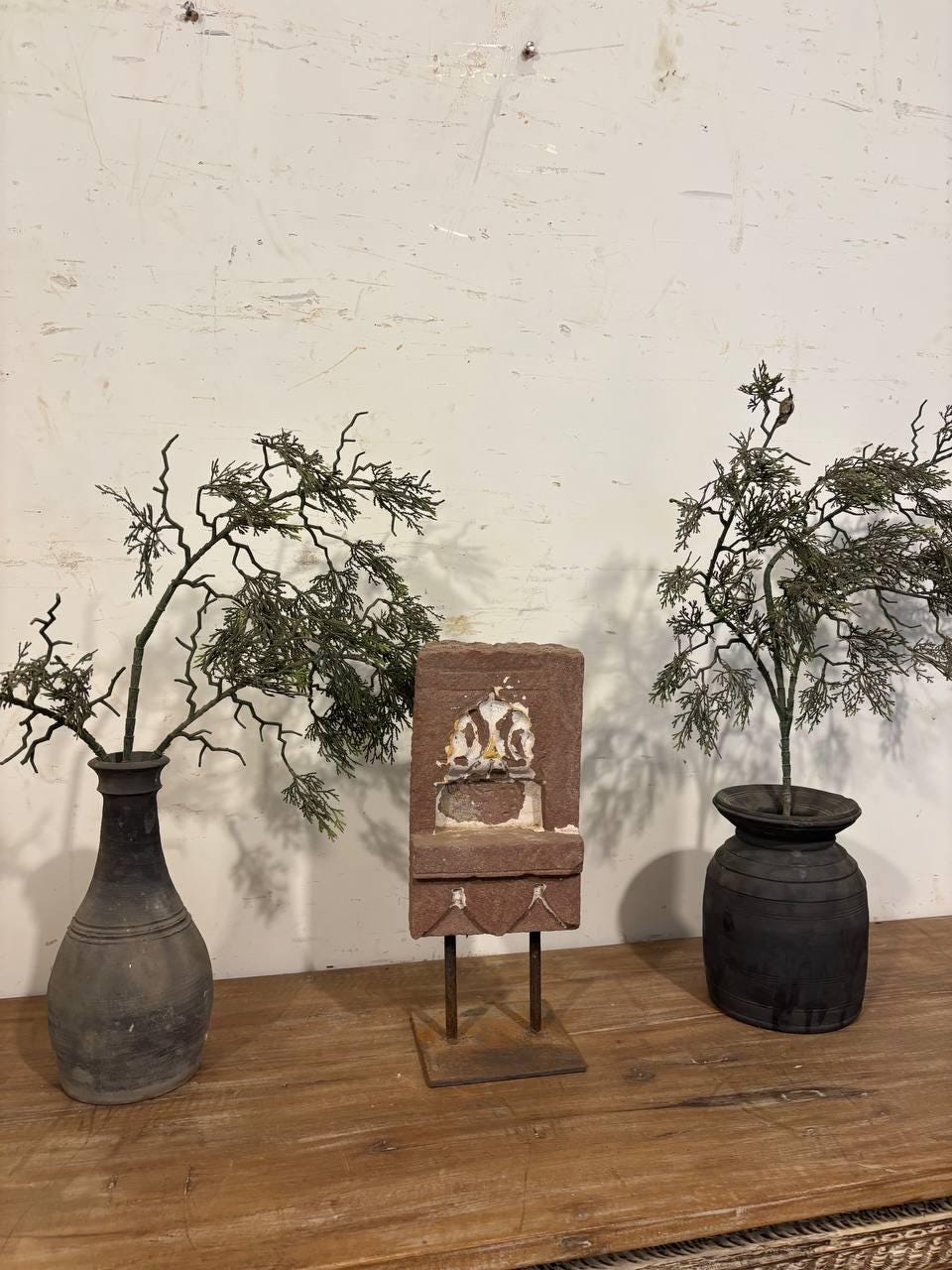 Antique Stone Alcove on Iron Stand: Indian Aala Candle Holder