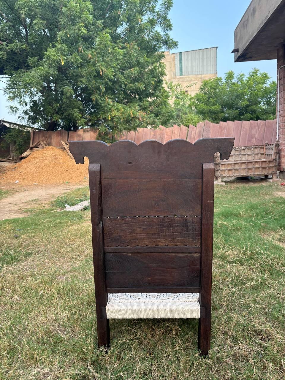 Hand-Carved Teak Low Chair: Rajasthan Tribal Pida with Cotton Rope