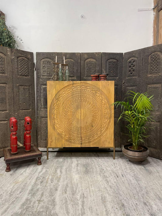 Handcrafted Wooden Mandala Cabinet: Boho Carved Wood Furniture