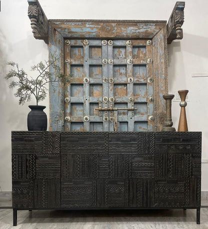 Modern Tabwa Carved Mango Wood Sideboard – Handcrafted Wooden Storage Cabinet with Intricate Geometric Detailing