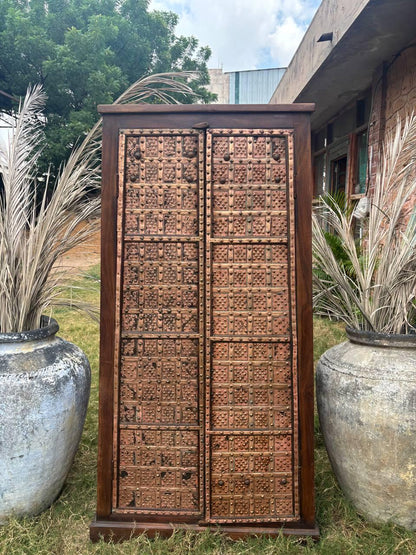 Handcrafted Wooden Almirah – Antique Indian Brass Embossed Wardrobe
