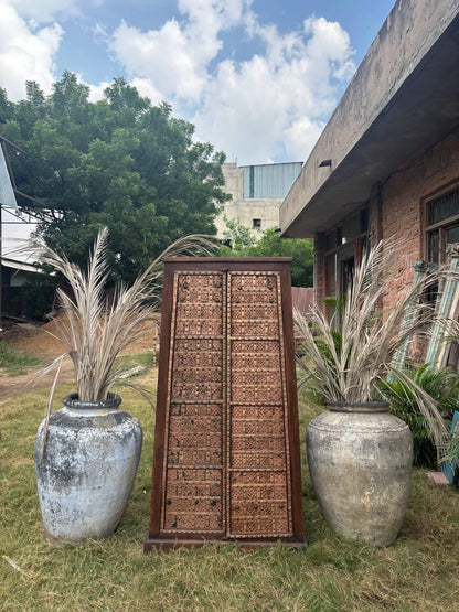 Handcrafted Wooden Almirah – Antique Indian Brass Embossed Wardrobe