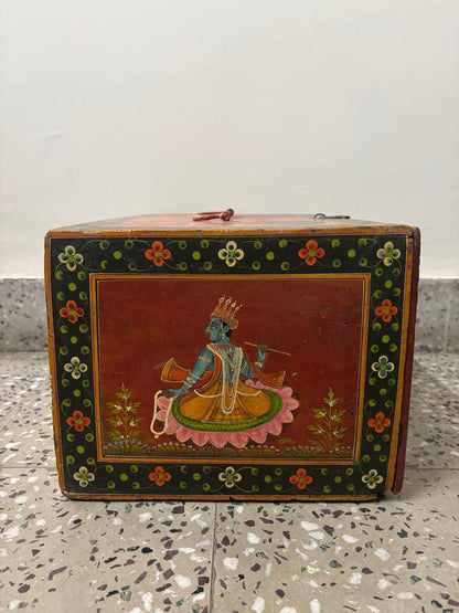 Hand-Painted Wooden Storage Box | Vintage Rajasthani Elephant Art Trunk