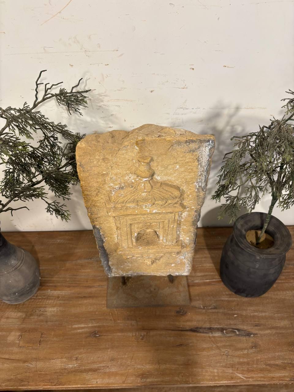 Antique Stone Alcove on Iron Stand: Indian Carved Lintel Candle Holder