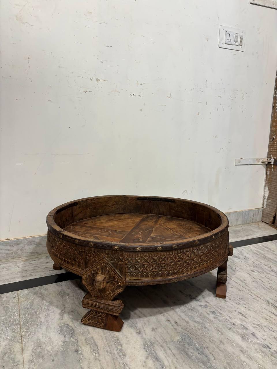 Handmade Indian Wooden Low Table: Bohemian Carved Chowki Bajot