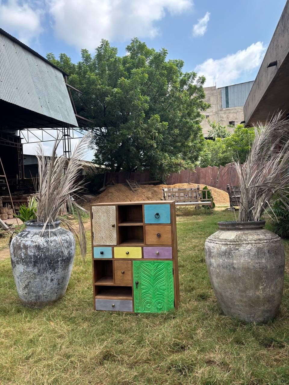 Handcrafted Wooden Storage Cabinet: Eclectic Patchwork Boho Organizer
