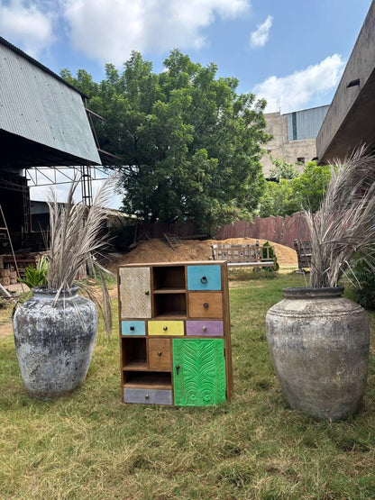 Handcrafted Wooden Storage Cabinet: Eclectic Patchwork Boho Organizer