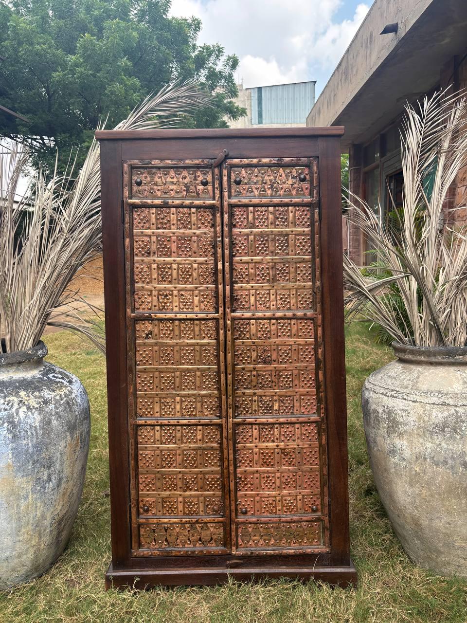 Handcrafted Wooden Almirah: Antique Brass Embossed Indian Cabinet
