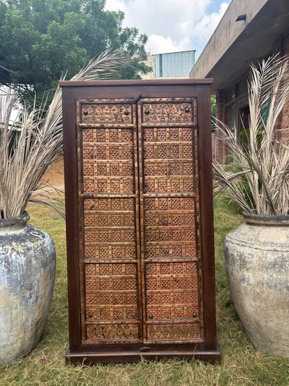 Handcrafted Wooden Almirah: Antique Brass Embossed Indian Cabinet