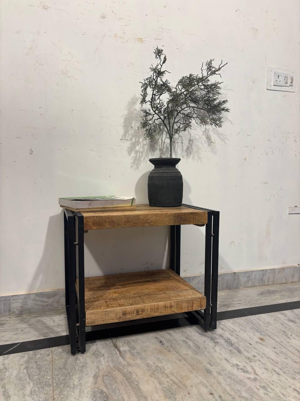 Handcrafted Mango Wood Side Table | Rustic Bedside Cabinet with Shelf