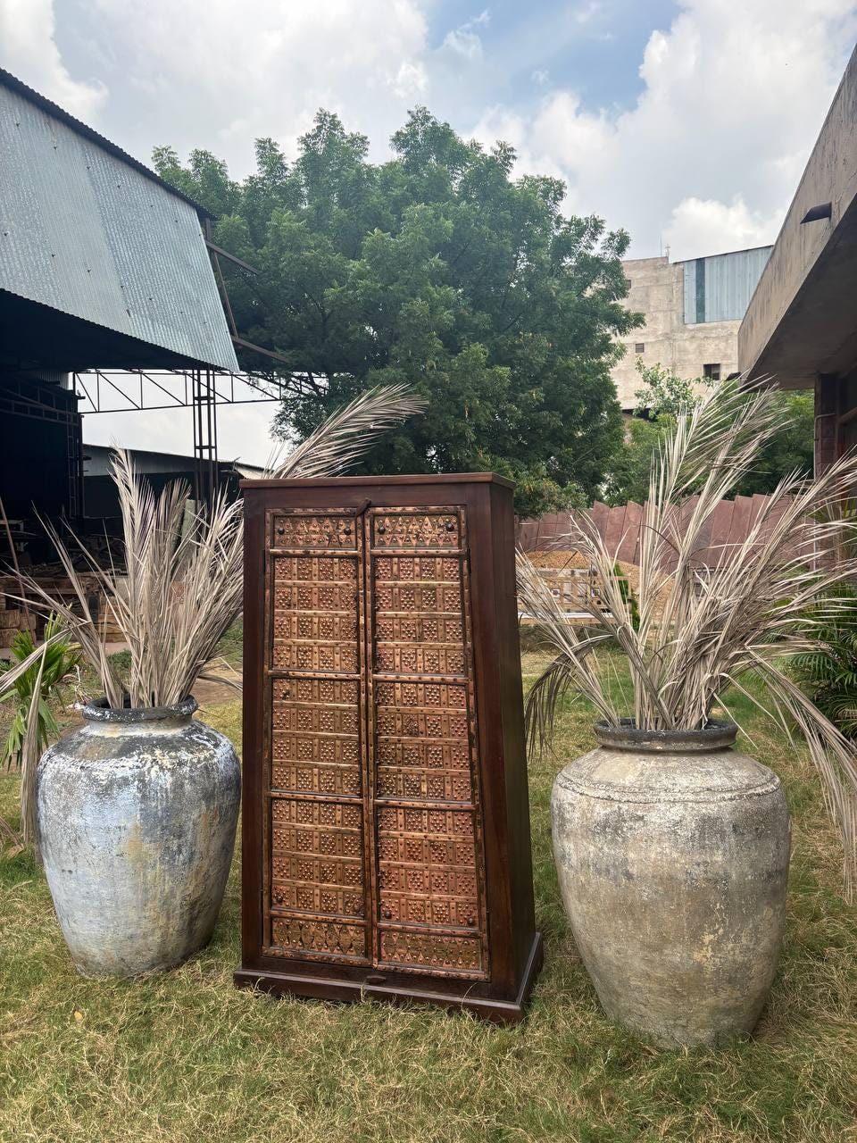 Handcrafted Wooden Almirah: Antique Brass Embossed Indian Cabinet