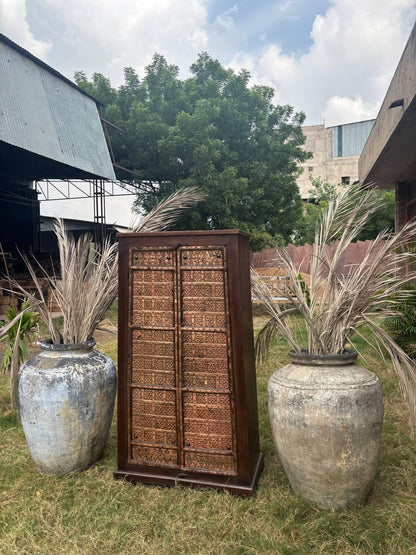 Handcrafted Wooden Almirah: Antique Brass Embossed Indian Cabinet