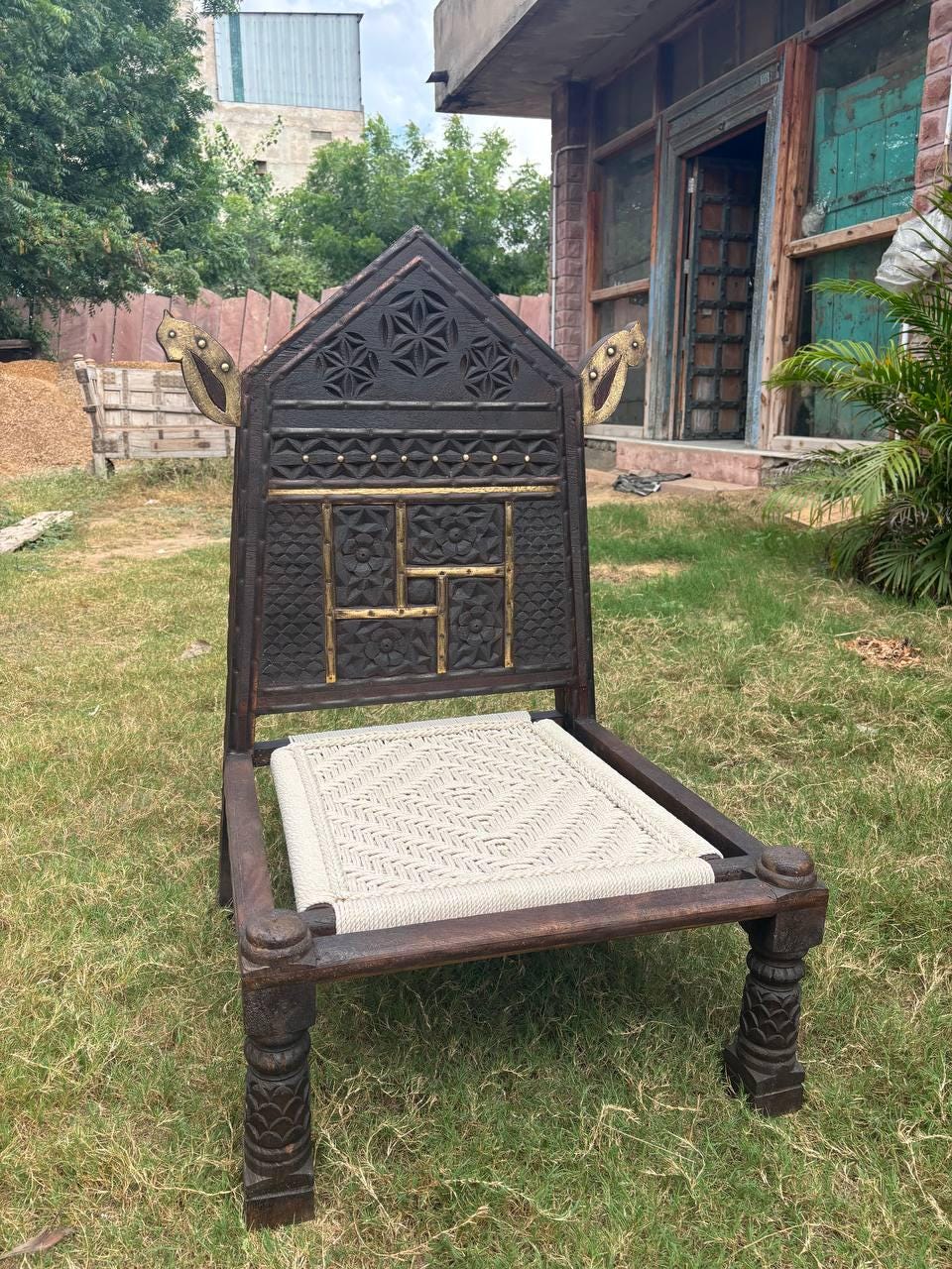 Hand-Carved Teak Tribal Pida Chair: Indian Rajasthan Low Seating