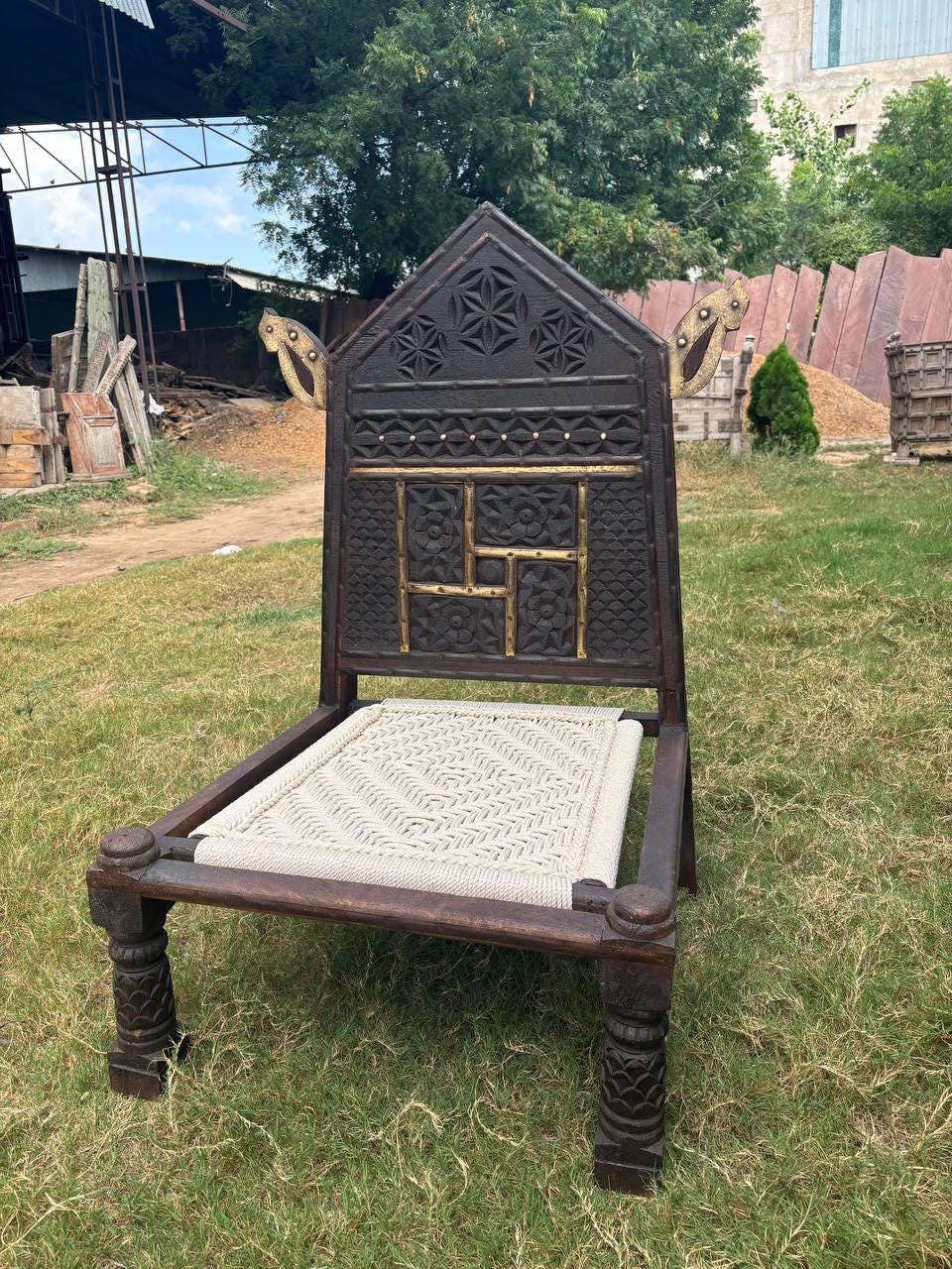Hand-Carved Teak Tribal Pida Chair: Indian Rajasthan Low Seating