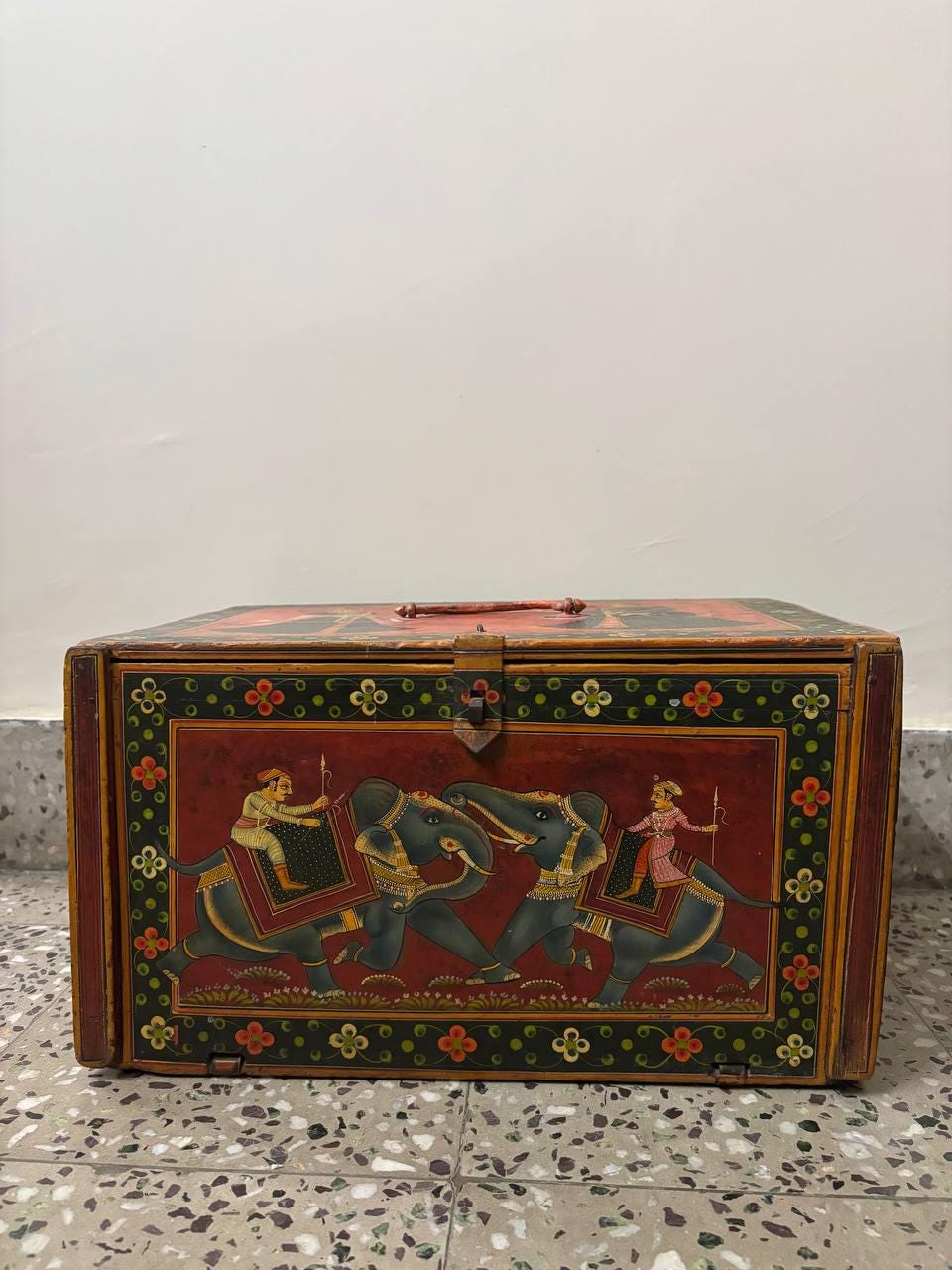 Hand-Painted Wooden Storage Box | Vintage Rajasthani Elephant Art Trunk
