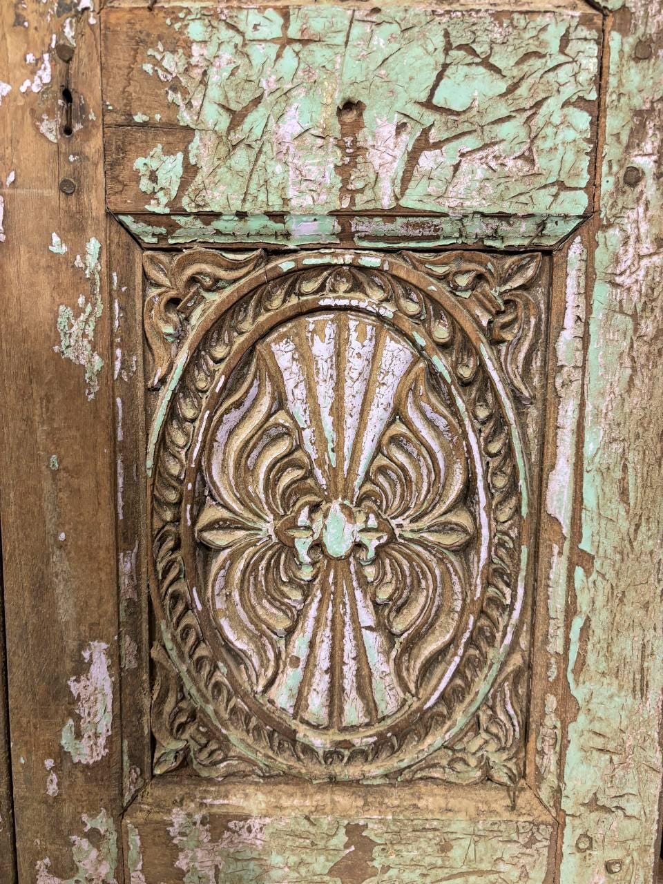 Antique Shekhawati Hand-Carved Window: Rustic Indian Wall Decor