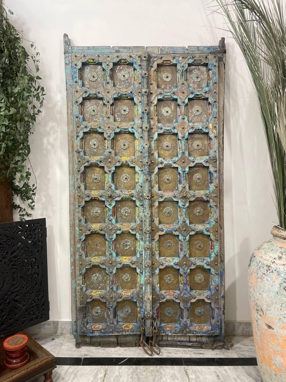 Carved Wooden Indian Doors: Boho Farmhouse Entrance, Antique Finish