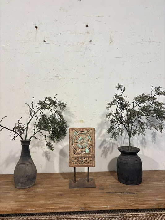 Handcrafted Stone Shrine Decor with Iron Stand: Spiritual Home Accent