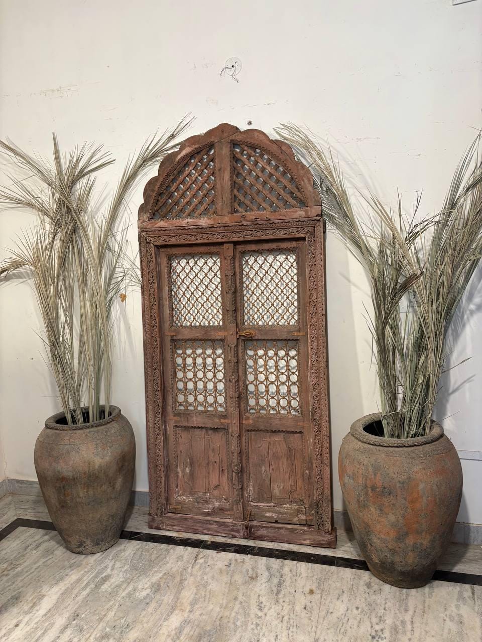 Antique Hand-Carved Jali Door Panel: Rustic Indian Teak Arch - 213x98cm