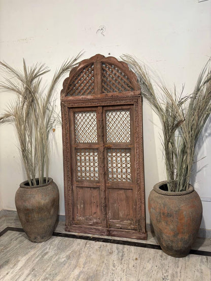 Antique Hand-Carved Jali Door Panel: Rustic Indian Teak Arch - 213x98cm