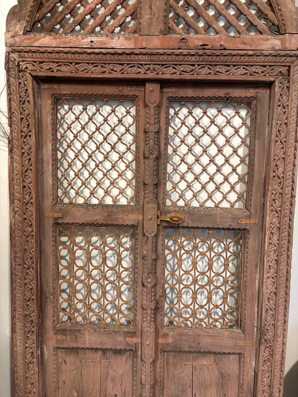 Antique Hand-Carved Jali Door Panel: Rustic Indian Teak Arch - 213x98cm