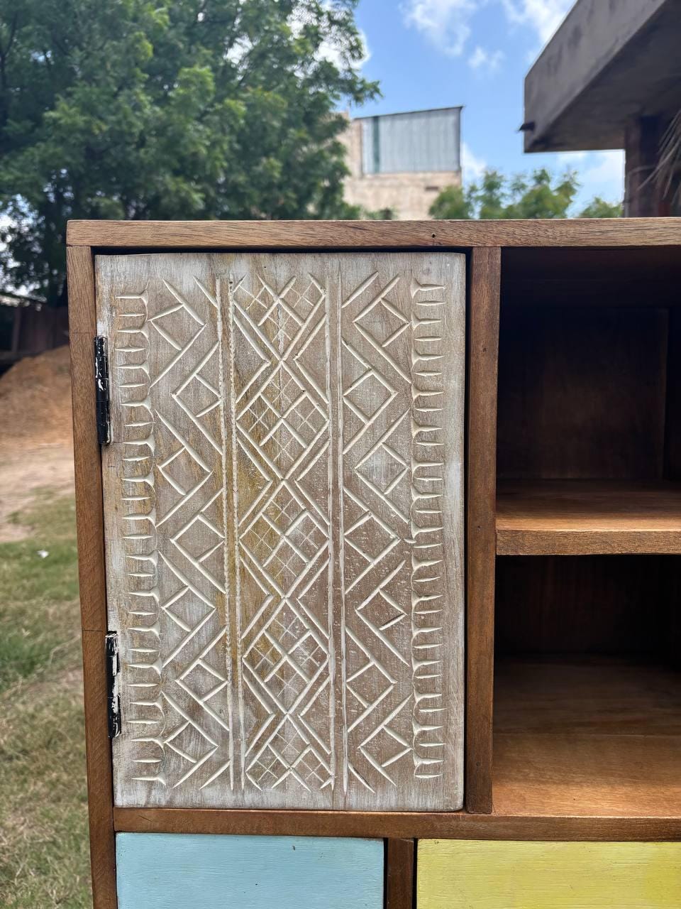 Handcrafted Wooden Storage Cabinet: Eclectic Patchwork Boho Organizer