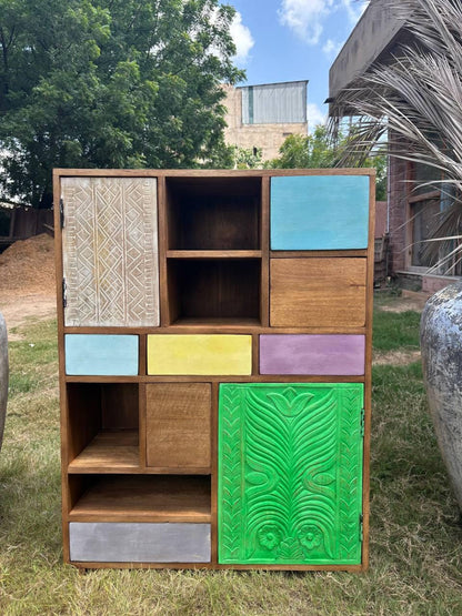 Handcrafted Wooden Storage Cabinet: Eclectic Patchwork Boho Organizer