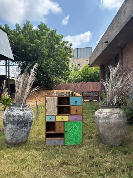 Handcrafted Wooden Storage Cabinet: Eclectic Patchwork Boho Organizer