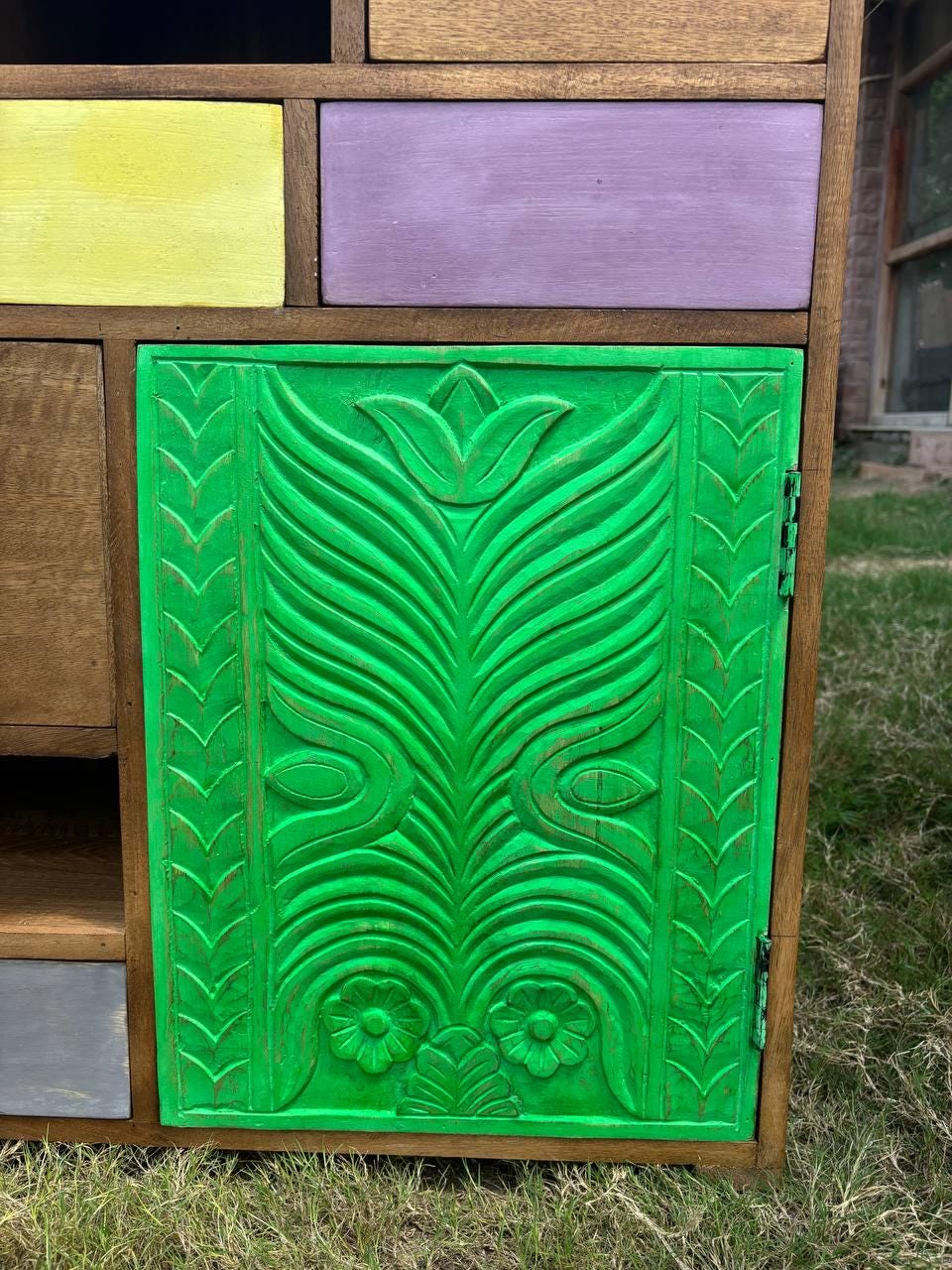 Handcrafted Wooden Storage Cabinet: Eclectic Patchwork Boho Organizer