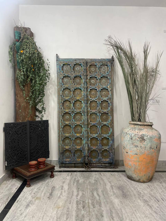 Carved Wooden Indian Doors: Boho Farmhouse Entrance, Antique Finish
