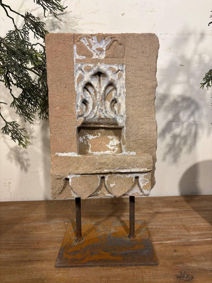 Antique Stone Alcove on Iron Stand: Carved Indian Aala Diya Holder
