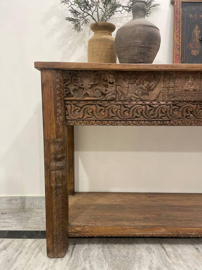 Carved Wood Indian Console Table: Rustic Boho Entryway Decor