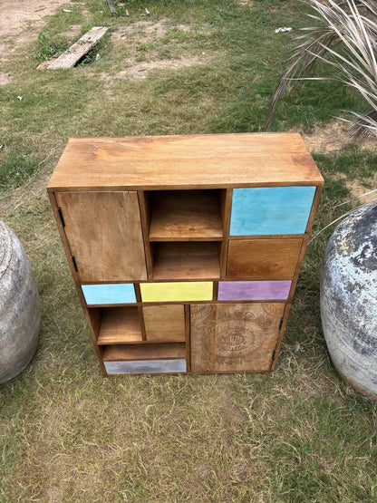 Handcrafted Wooden Storage Cabinet: Eclectic Patchwork Boho Sideboard