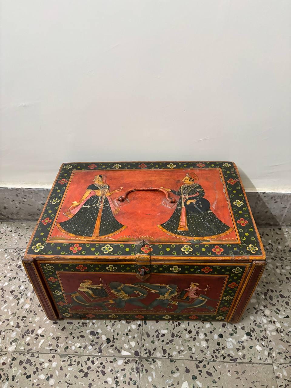 Hand-Painted Wooden Storage Box | Vintage Rajasthani Elephant Art Trunk