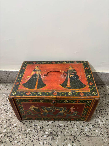 Hand-Painted Wooden Storage Box | Vintage Rajasthani Elephant Art Trunk