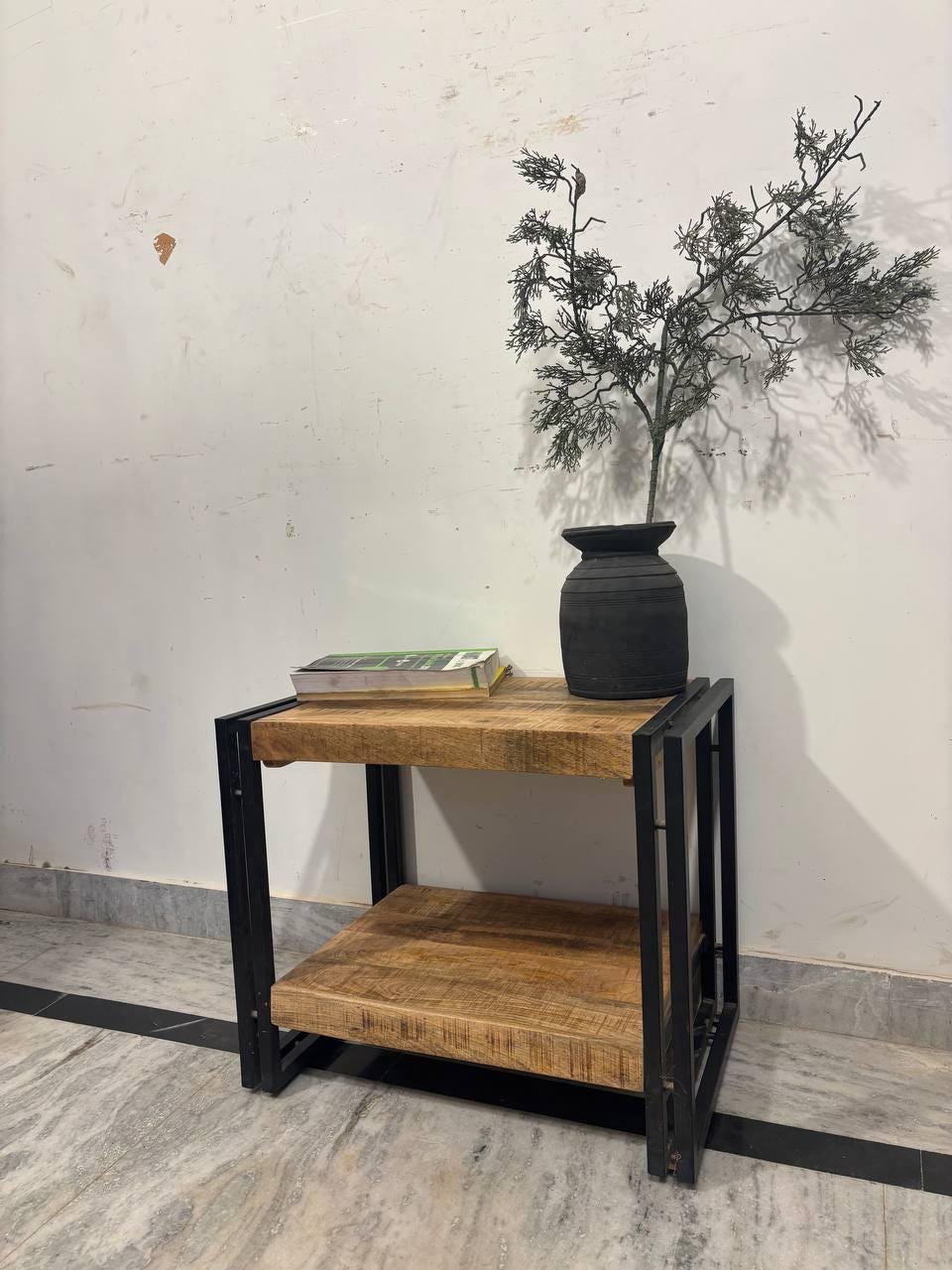 Handcrafted Mango Wood Side Table | Rustic Bedside Cabinet with Shelf