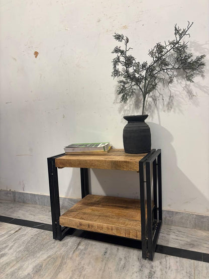 Handcrafted Mango Wood Side Table | Rustic Bedside Cabinet with Shelf