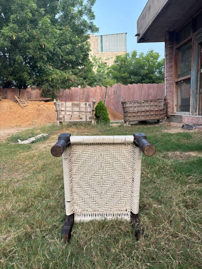 Hand-Carved Teak Low Chair: Rajasthan Tribal Pida with Cotton Rope