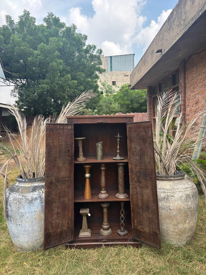 Handcrafted Wooden Almirah: Antique Brass Embossed Indian Cabinet